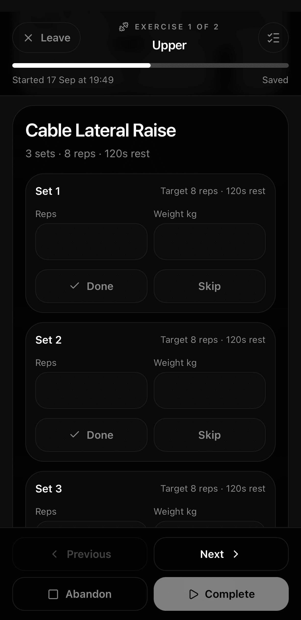 Primal Powerhouse training-session screen